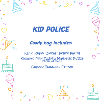Kid Police Goodie Bag for Boys Age 3 - 6 Years, Kidmoro Mini Sudoku, Rapid Kuper Police diecast, and Gogopo Stackable Crayon