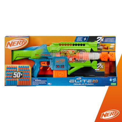 Nerf Elite 2.0 Double Punch Motorized Dart Blaster, Rapid Alternating Barrels, 50 Nerf Elite Darts